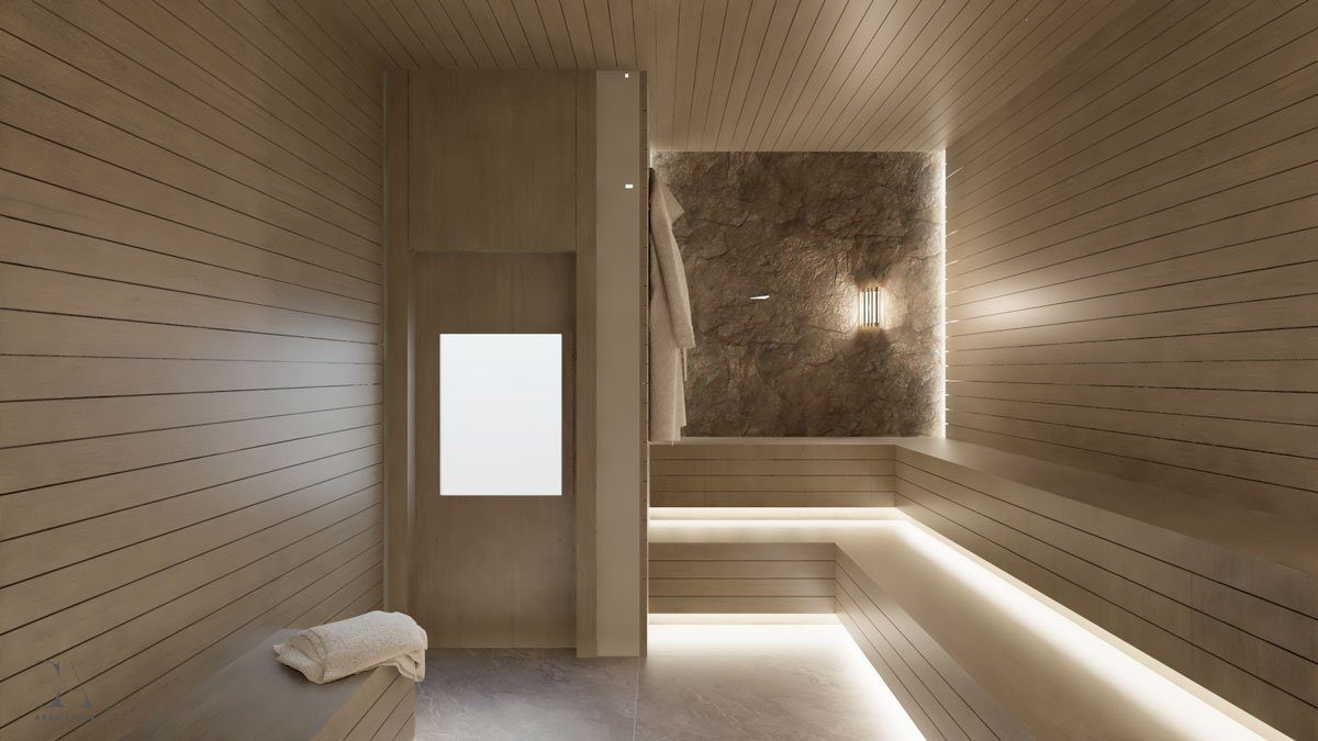 A sauna seca é um exemplo de como pequenos momentos podem transformar a rotina e faz parte do Trebbiano, da Construtora Equilíbrio.